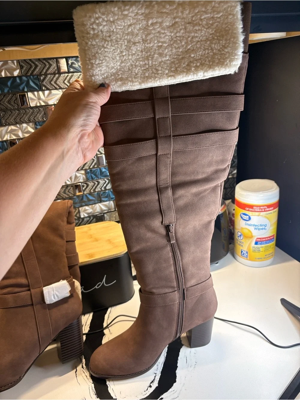 Journee Collection Brown Faux Suede Over-the-Knee Boots with Shearling Cuff